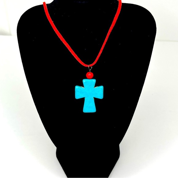 Handmade Southwestern Style Faux Turquoise Cross Necklace on Red Leather Cord - Picture 1 of 3
